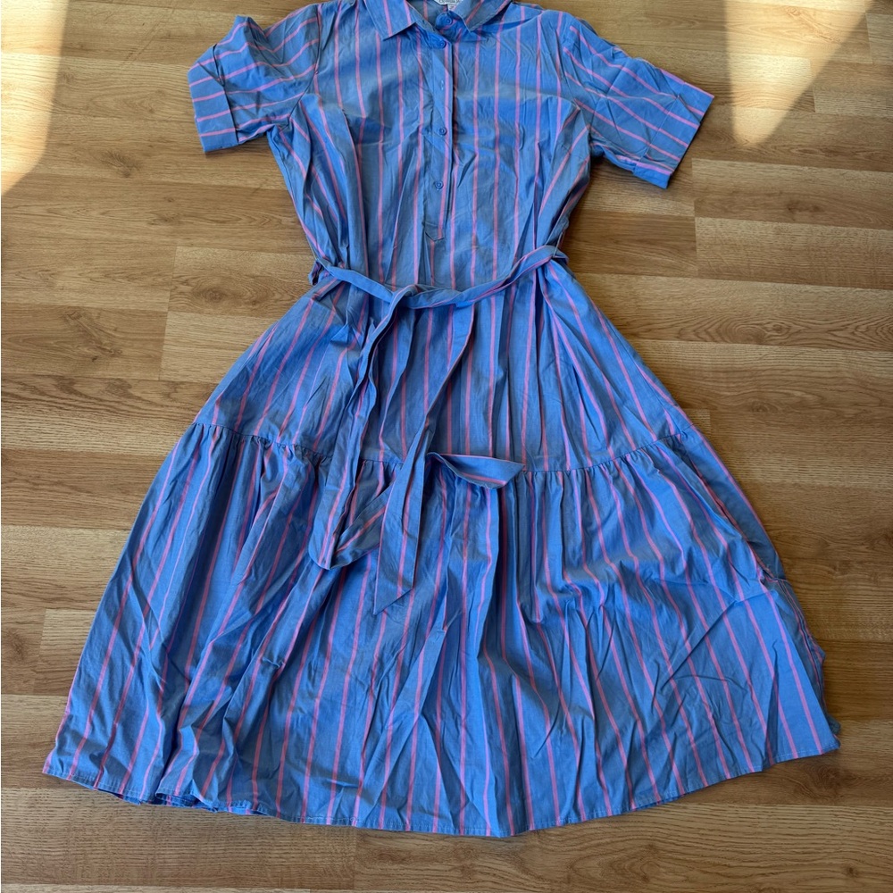 Ophelia Roe blue pink striped dress shirt career office dress.
